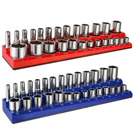 ALOANES 54-Slot Magnetic Socket Organizer, 2PC Socket Holder Kit, 3/8-inch Drive Premium Socket Tray Holders,for Standard and Deep Metric Sockets, Heavy Duty Tools Organizer(Red&Blue)