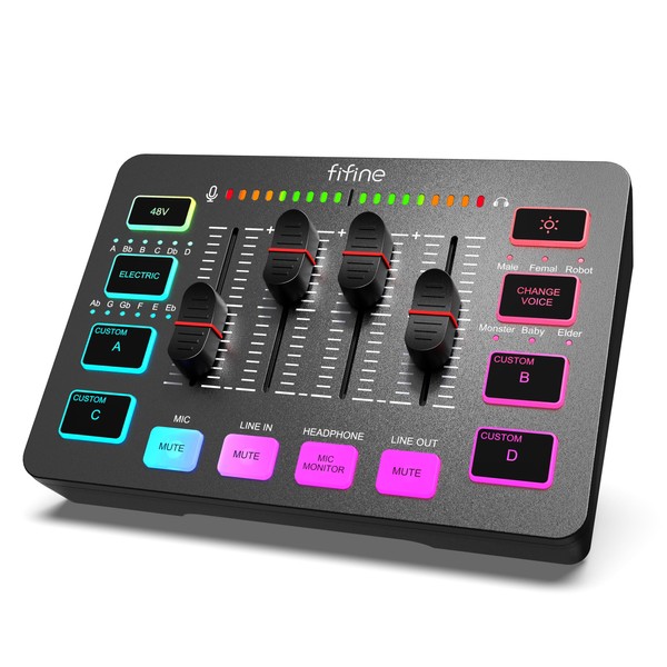FIFINE Gaming Audio Mixer, Streaming RGB PC Mixer with XLR Microphone Interface, Individual Control, Volume Control, Mute Button, 48 V Phantom Power, for Podcast, Recording, Vocals