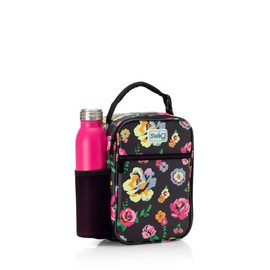 Swig Life Boxxi Lunch Box, Insulated Lunch Box for Women with Water Bottle Holder Side Pocket, Adjustable Meal Divider, Front Zipper Pocket, and Top Buckle Handle in Fleur Noir Print