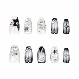 BABALAL Press on Nails Medium Coffin Fake Nails Black Star French Tip Glue on Nails 3D Sliver Planet Metallic Ball Design Y2k Acrylic Nails 24Pcs Ballerina Full Cover Goth False Nails