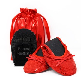 Silky Toes Women's Foldable Sequin Shoes Dressy Ballet Flats Roll Up Slipper Shoe with Matching Carrying Pouch, Red Sequins New-Small