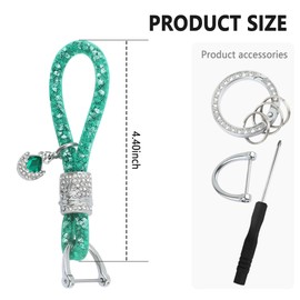 4UNeed Bling Car Keychain with Crystal Key Ring + Mesh Lanyard, Rhinestone D-Ring Car Keychain for Car Decor (Green)