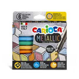 Carioca Metallic Marker Tip Maxi, 6 Metallic Finish Felt Tip Pens for All Surfaces, Water-based, with Blocked Tip, Made from Recycled Material, Diameter 6 mm
