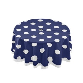 xigua Polka Dot Round Tablecloth with Zipper Umbrella Hole, Waterproof Spillproof Polyester Fabric Table Cover for Outdoor Patio Garden Dining Party, 60 Inch