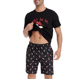 Men Pajamas Shorts Set Cotton Sleepwear Sets Short Sleeve 2 Piece Outfits Set with Pockets Black M