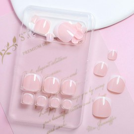 Pink Press on Toes Nails White French Tip Fake Toenails Pink Full Cover Toe Nails Press on Glossy Toenail Press ons Summer Acrylic Press on Toenails for Women 24 Pcs