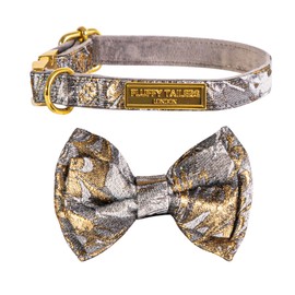 Fluffy Tailers Luxury Occasion Dog Collar With Detachable Bow Tie in Grey Gold Silk (Medium)