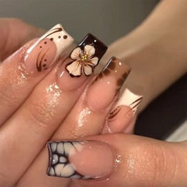 LWTZLW French Tip Press on Nails Flower French Tip Medium Square Fake Nails 3D Design Full Cover Glue on Nails Brown Floral Coffin Acrylic False Nails Glossy Artificial Nail Reusable for Women