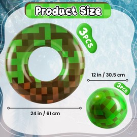6 Pack Pool Floats for Kids - 3 Pcs Inflatable Green Pixel Swim Tubes Rings & 3 Pcs Pixel Beach Balls,Summer Pool Floaties Set for Hawaiian Beach, Water Park Fun, Swim Tubes for Summer Party
