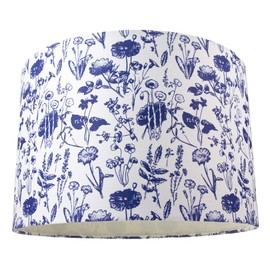 White Cotton 12" Drum Lamp Shade with Vivid Blue Floral Decoration and Inner Lining| 60w Maximum | for Table or Pendant by Happy Homewares