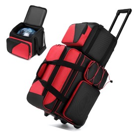 JMIANeodark 3 Ball Bowling Bags with Wheels and Shoes Compartment, Roller with Multipocket, 2 Ball Bowling Roller Bag + 1 Ball Color Matching Add On Tote (Red-Black)