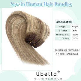 Sew in Hair Extensions Real Human Hair 14 Inch Straight Bundles Human Hair Weft Extensions 80G Ombre Ash Brown Balayage Ash Blonde and Platinum Blonde Weft Hair Extensions Human Hair Weave Extensions