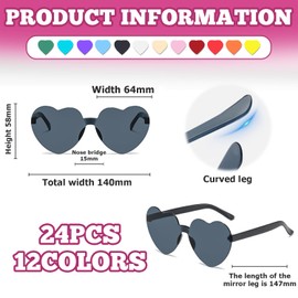 WANDGU Pack of 24 Heart Glasses: Neon Colourful Heart Sunglasses, 12 Colours, Rimless Sunglasses in Heart Shape, Transparent Candy Coloured Heart Glasses for Children and Adults, Birthday Party