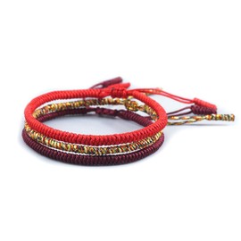 EXINOX Traditional Tibetan Knot Bracelet Handmade for Men Women Spiritual Buddhist Red Yellow Garnet 3 Pieces Cotton, Cotton