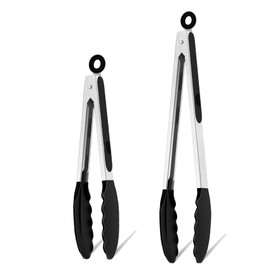 TeamFar Silicone Tongs, 9" and 12" Stainless Steel Kitchen Cooking Tongs with Silicone Tips, Heat Resistant for Frying Serving Grilling, Locking Design & Dishwasher Safe, Set of 2 & Black