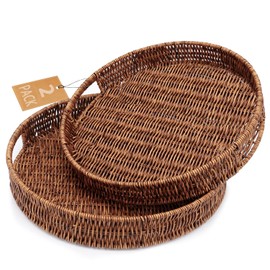 SEDISON Set of 2 Rattan Tray Round Rattan Basket with Handles for Home, Kitchen, Bathroom, Coffee Table Tray (12.6in + 13.8in)