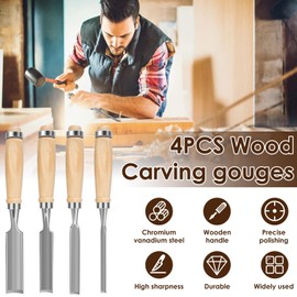 4Pcs Wood Carving Gouges Half-Round Chisel Carbon Steel Woodworking Chisel Woodworking Tool Set 1/4inch 1/2inch 3/4inch 1inch Half-Circle Chisel Tool for Wood Engraving Carpenter(suit)