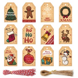 Bekecidi Pack of 96 Gift Tags Christmas Tags Xmas Hang Tag Labels Christmas with String and Cotton Yarn for Gift Packaging, Christmas DIY Crafts (A3)