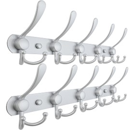 Dseap Coat Rack Wall Mounted - 5 Tri Hooks, Heavy Duty, Stainless Steel, Metal Coat Hook Rail for Coat Hat Towel Purse Robes Mudroom Bathroom Entryway (Silver, Pack of 2)