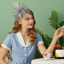 WATEFOER Fascinators Hat for Women Girls Tea Party Headband Flower Cocktail Mesh Feathers Kentucky Derby Hat for Wedding Party Church, gray