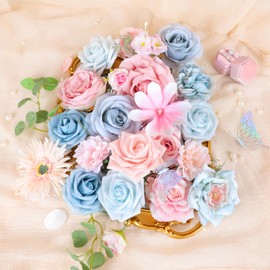 Roahosy Blue Pink Artificial Flowers Combo, Roses Fake Flowers with Stems Wedding Pastel Flowers for Decorations DIY Bouquets Centerpieces Floral Arrangements Decor