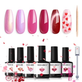 modelones Gel Nail Polish Set, 6 Colors Pitaya Hot Pink Gel Polish Mermaid Pink Red Love-heart Glitter Gel Polish Red Cat Eye Nail Gel Polish W Magnet & Pen Soak Off LED Valentines Nail Art DIY Gift
