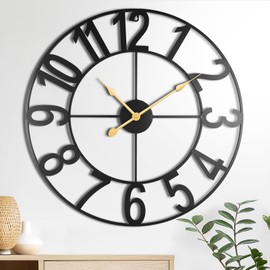 kronttis 24-Inch Large Wall Clocks for Living Room Decor, Silent Non Ticking Wall Clocks Battery Operated, Decorative Analog Metal Indoor Wall Clock for Kitchen, Bedroom, Office Decor-Gold Hands