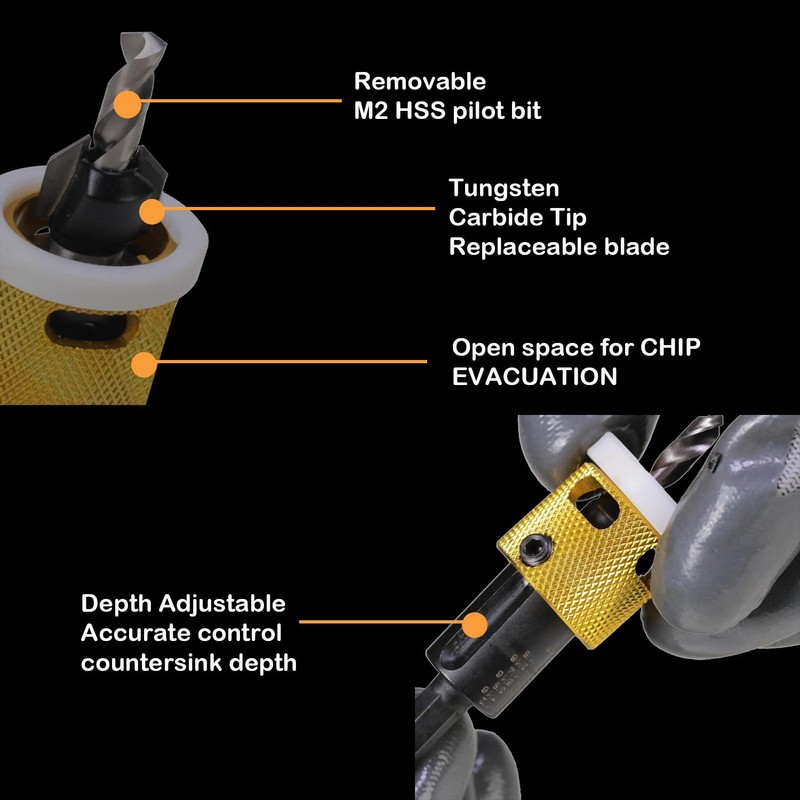 Countersink Drill Bit Set with Replaceable HSS Pilot Drill Bit,