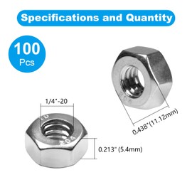 Yinpecly 100pcs 1/4-20 Hex Nuts, 304 Stainless Steel,Coarse Thread Hexagon Nut,Hex Drive, UNC Small Nuts Fasteners,1/4 Replacement Nut, Right Hand,Tiny