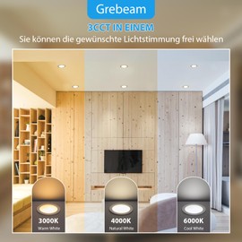 Grebeam Set of 20 LED Recessed Spotlights, 230 V, Flat 5 W, 3 Colour Temperatures 3000 K - 6000 K, IP44 LED Spotlights, Bathroom, Diameter 75-90 mm Hole, LED Ceiling Spotlights, Outdoor, LED Spot 230