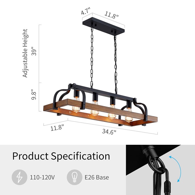 WUZUPS 4-Light Metal Pot Hanging Rack Chandelier Imitation Wood Grain