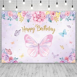 AIBIIN 8x6ft Happy Birthday Backdrop Butterfly Pink Purple Flowers Photography Background for Girl Women Birthday Party Decorations Banner Photo Booth Props