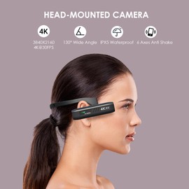 Cámara 4K Montada en la Cabeza, 30fps Manos Libres Wearable Video Camera, Gran Angular de 130 Grados, Control WiFi App, Anti-Shake, IPX5 Resistente al Agua (Negro)