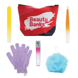 Pair of Exfoliating Gloves bundled with 1 Body Polisher, 1 Nail Cutter, 1 Nail Filer and 1 Tweezer packed in a Beauty Banks Zipped pouch