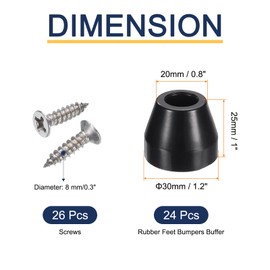 uxcell 24pcs Rubber Feet Bumpers Buffer Non-Slip Rubber Feet Pad with 8mm Screws for Cutting Board, Cutting Board Feet Non-Slip, Cutting Board Rubber Feet (Black, 1" H x 1.2" D)