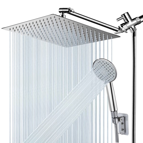 Shower Head, NERDON 12'' High Pressure Rainfall Shower Head Handheld Combo 5 Settings with 15'' Brass Height/Angle Adjustable Extension Arm 60" Hose, Stainless Steel Bath Rain Showerhead with 4 Hooks