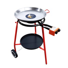 ZENDEU Andreu Paella Pan Set - 12 Servings - 18 inch (46 cm) Carbon Steeel Paella Pan + Double Ring Propane Gas Burner mod. 400 + Stand with wheel and tray