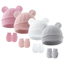 Newborn Baby Hats and Mittens Set, 4pcs Hats Set E, One Size