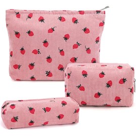 3 count Makeup Bag  Bag Set for Girls Women Travel Organizer Bathroom Toiletry Pouch Large Capacity Storage Bag (Strawberry Pink) - Color: Leopard Brown