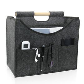 Foldable magazine storage basket, solid wood handle felt organizer, can store magazines, newspapers, laptops, glasses, phones and other items