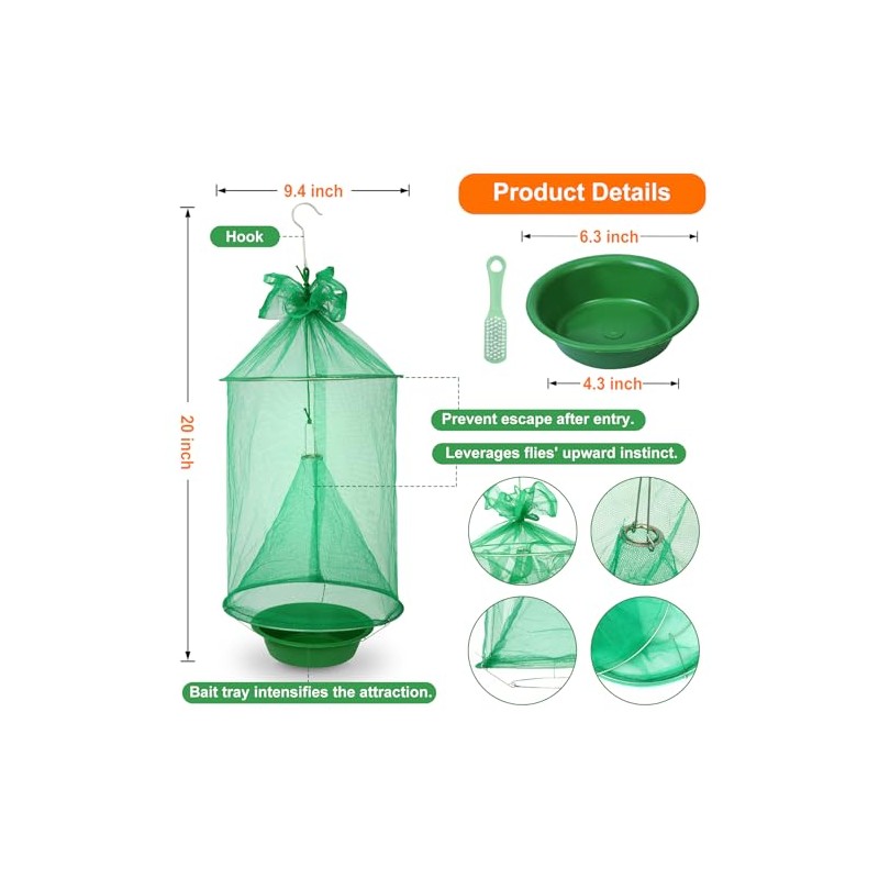4 Pack Reusable Outdoor Fly Traps with Bait Tray