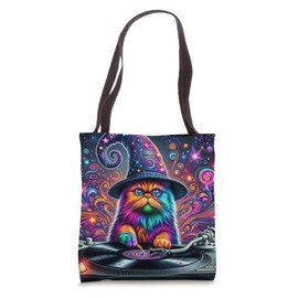 PLUR Rave Music Festival Essentials Trippy Wizard Cat DJ Tote Bag
