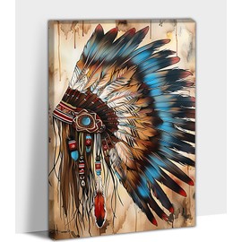 ANRUOXI Native American Wall Art - Indian Wall Art Native American Wall Decor, Headdress Feathered Art for Home Decor, Indian Art Canvas Print Framed Ready To Hang 18x24''