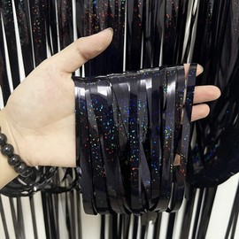 4 Pack Black Tinsel Foil Fringe Curtains Backdrop Party Decorations, Shimmer Black Streamer Backdrop Curtains Photographic Studio Photo Backgrounds for Birthday Wedding Christmas