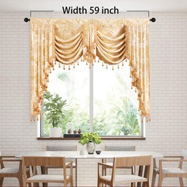 ELKCA Golden Jacquard Swag Waterfall Valance Luxury Curtain Valance for Living Room (Damask-Golden, W59 Inch, 1 Panel)