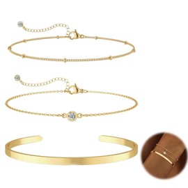 JeiibrZui Pack of 3 Bracelets, Bracelets, 14K Gold-Plated, Stainless Steel Beads Chains, Bracelets, Adjustable Women's Gold Bracelets Sets, Boho Gold, Fashion Jewellery for Women, Stainless Steel, No