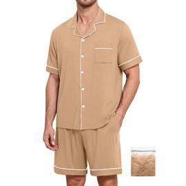 YOPUGEE Mens Pajamas Set Short Sleeve Sleepwear Summer Pjs Button Down Pijamas Set Modal 2PCS Pj Set, Khaki-XL