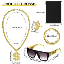 PANMAY Set of 4 Hip Hop Jewellery, Gold Chain Fancy Dress, Costume, Dollar Chain Gold, Rapper Costume, 80s 90s Men's Hip Hop Mafia Costume Men, Accessory Costume Carnival Theme Party, gold