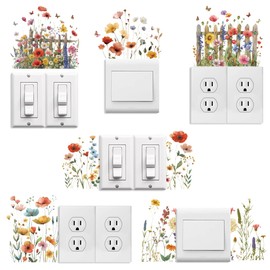 Peacoblue Light Switch Plate Stickers Labels Decals 6Pcs 7"x7" Wild Flower for Home House Office Kitchen Decorative, Funny Peel and Stick Light Wall Outlet Stickers for Switch Decoration