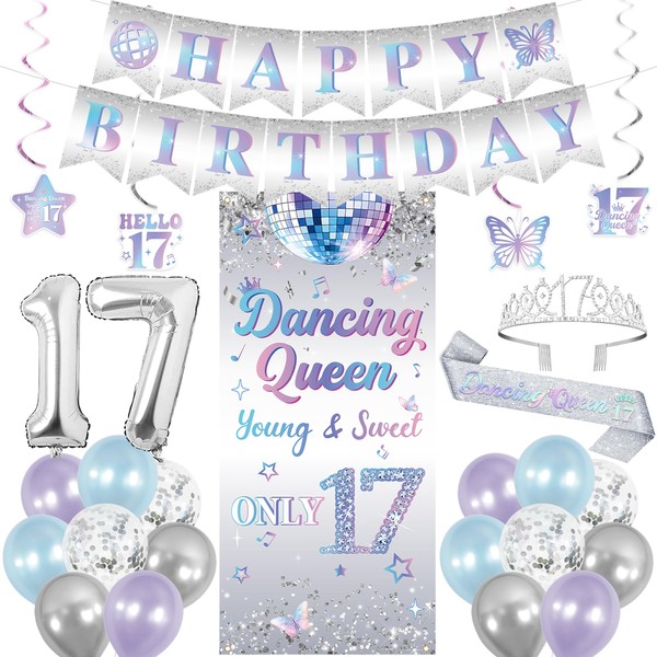 Holkcog Happy 17th Birthday Decorations for Girl, Silve Dancing Queen